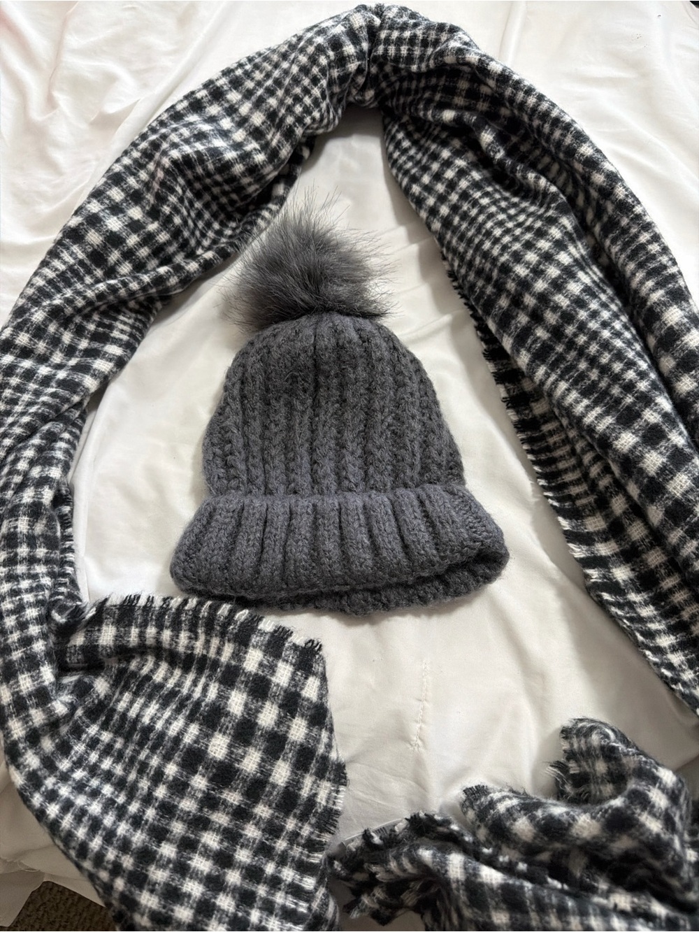 Old Navy plaid scarf & Isaac Mizrahi Charcoal Gray Knit Beanie with Faux Fur Pom